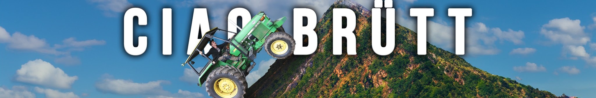 Banner Ciao Brütt con trattore verde in salita su montagna e cielo azzurro
