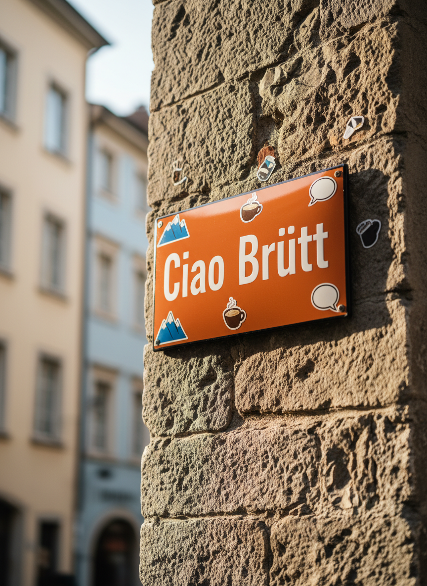 A close-up of a bright enamel street-style sign reading “Ciao Brütt” in bold, white letters on a warm orange background, mounted on a textured stone wall that hints at a historic European alley. Around the sign, small stickers of cartoonish mountains, espresso cups, and speech bubbles are casually placed, adding playful detail. Late afternoon golden light grazes the stone, emphasizing its rough texture and casting long, soft shadows. Photographic realism from a slightly low angle, using the rule of thirds so the sign sits off-center, while the background recedes into a pleasantly out-of-focus mix of muted pastel building façades, creating an urban, witty, and friendly atmosphere.