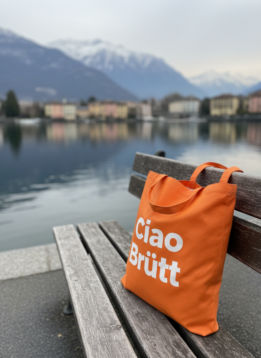A minimalist, well-worn wooden bench on a lakeside promenade, with a bright orange tote bag printed with the phrase “Ciao Brütt” in bold white letters resting casually on one end. The lake’s smooth surface reflects nearby snow-capped mountains and pastel buildings, rendered in soft focus. Overcast daylight creates a diffused, even illumination with no harsh shadows, enhancing the calm, slightly ironic mood. Photographic realism, shot from a slightly elevated angle, framing the tote bag in the foreground with crisp detail—visible canvas texture, slightly creased handles—while the scenic Swiss-Italian lakeside melts into a gentle bokeh, suggesting relaxed adventures and local humor.