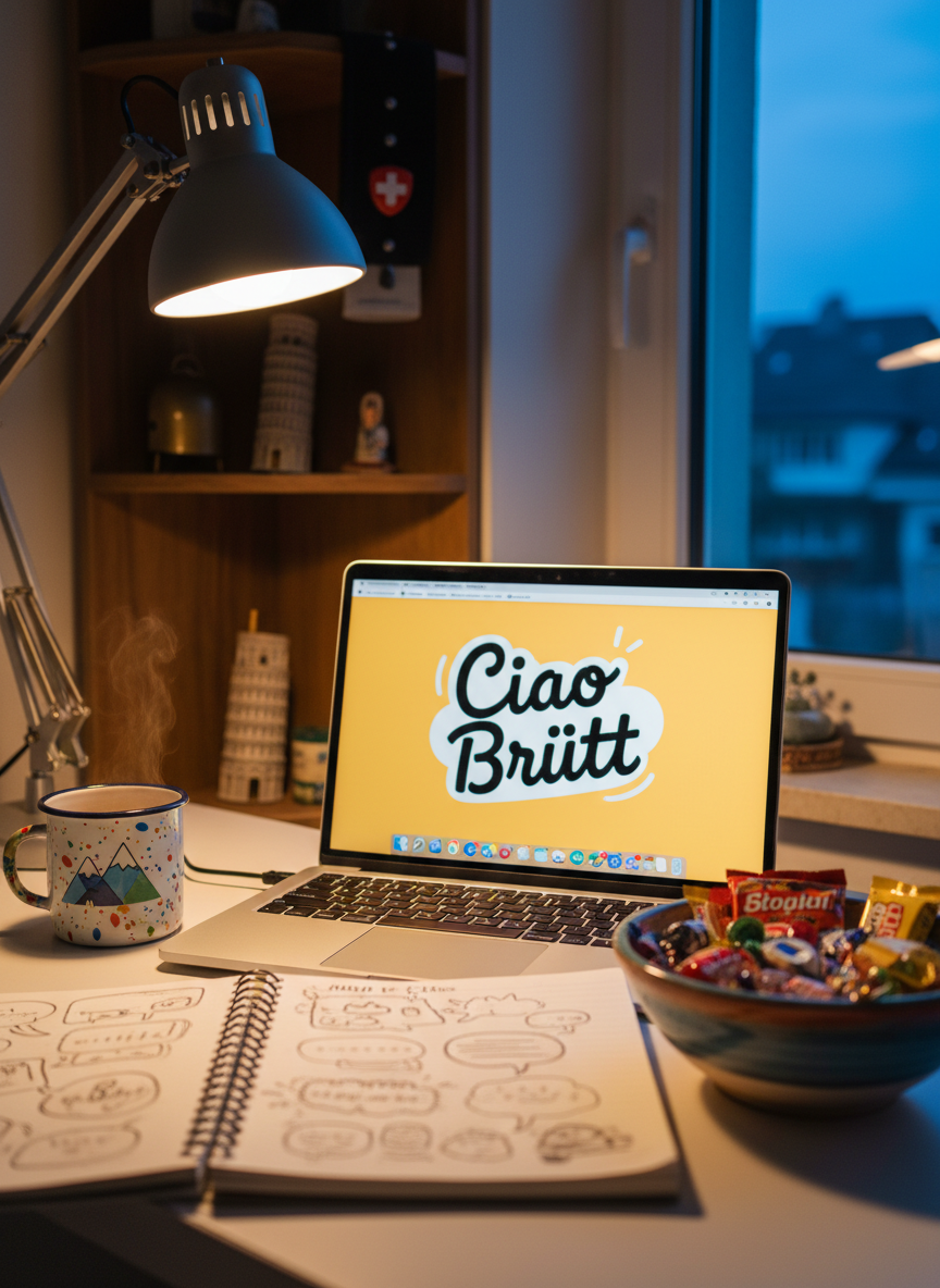 A small, cozy home desk scene featuring an open laptop with a bright wallpaper that says “Ciao Brütt” in handwritten, playful script, surrounded by quirky lifestyle items: a colorful enamel mug with a tiny printed mountain, a notebook with doodled speech bubbles, and a ceramic bowl full of wrapped Italian candies. Warm desk lamp light pools softly over the objects, mixing with faint evening blue from a nearby window, creating a warm-and-cool contrast. Photographic realism, shot from a three-quarter angle at desk height, with shallow depth of field so the “Ciao Brütt” phrase on the screen is razor sharp while the background shelf with small Swiss and Italian souvenirs fades gently, evoking creative, humorous everyday life.